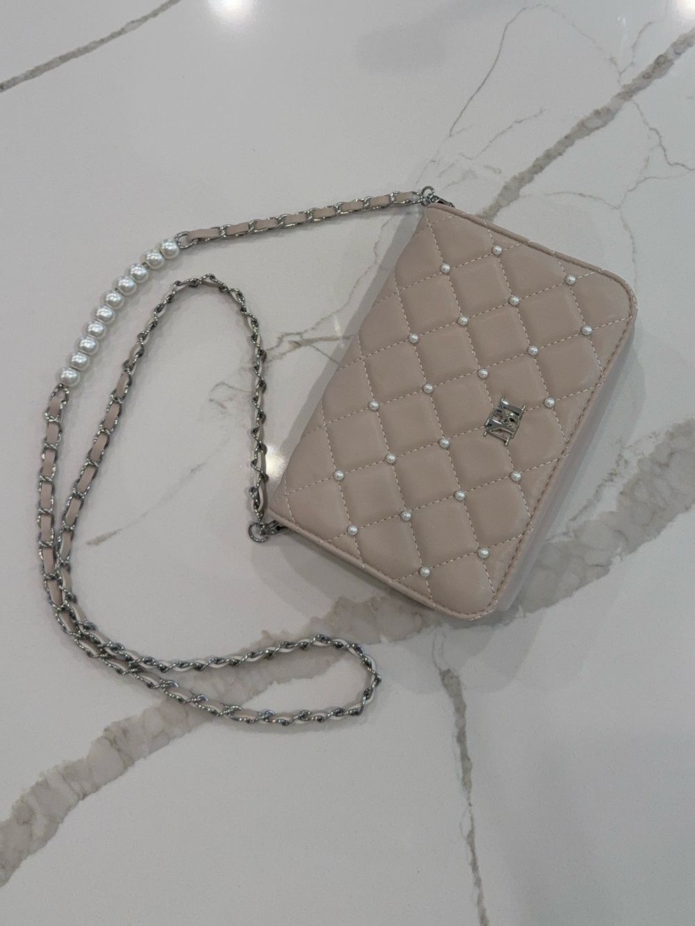 Badgley Mischka Quilted Pearl-Stud Crossbody in Light Beige